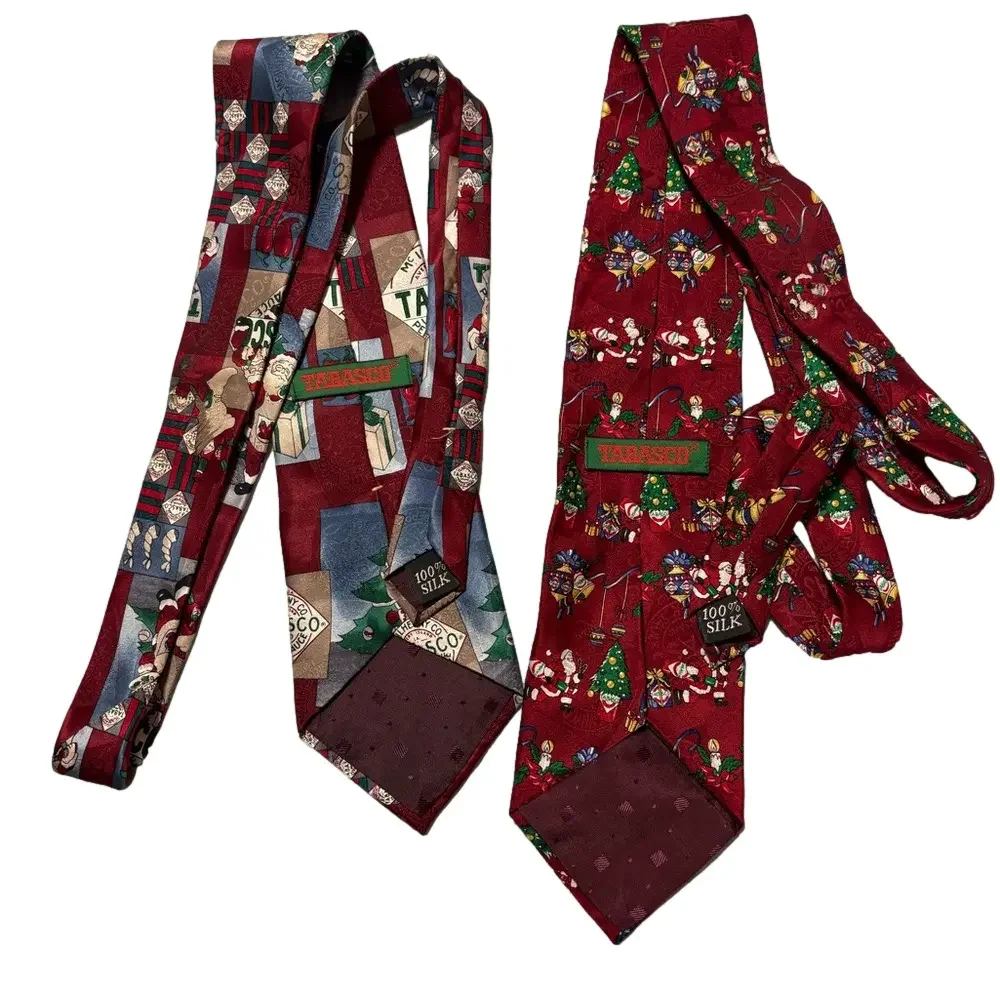 Tabasco 100% Silk Christmas Novelty Necktie Set Santa Holiday Ties Pair
